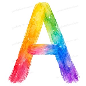 May include: A vibrant watercolour letter 'A' in rainbow hues, featuring sparkling accents. The brushstrokes create a textured effect, set against a white backdrop. The text 'pawfectartecreations' is repeated around the letter.