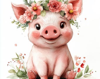18 Floral Piglet Clipart: Watercolor Farm Animal Nursery Art (Digital Download)
