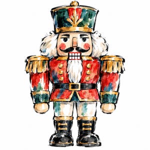 Puede incluir: Una ilustración en acuarela de un soldado cascanueces que viste una chaqueta roja con botones dorados, un sombrero verde con adornos dorados y botas negras. La figura presenta una barba blanca, un bigote negro y charreteras doradas.