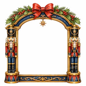 May include: A decorative rectangular frame featuring two nutcracker figures in red and blue uniforms standing on circular bases. The arch is adorned with a large red bow, green holly leaves, and red berries, with a gold star hanging from the center.