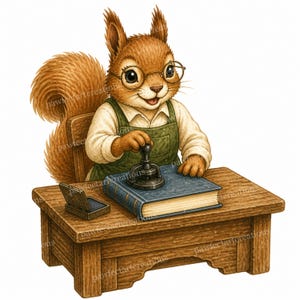 May include: A brown squirrel wearing round glasses and a green apron sits at a wooden desk. The squirrel uses a black hand stamp on a blue book. A small open ink pad case sits on the desk next to the book. The image features a watermark text.