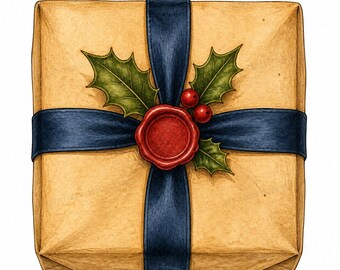Op de afbeelding: Een vierkante geschenkdoos verpakt in bruin papier, vastgebonden met een donkerblauw lint. Het midden is voorzien van een rood waszegel omringd door groene hulstbladeren en twee kleine rode bessen, een gedetailleerde illustratie van een cadeau.