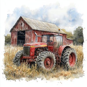 12 red Farm Tractor Clipart, Old Tractor Clipart, Printable Watercolor, High-Quality JPGs, Papercraft, Junk Journal, Digital Craft