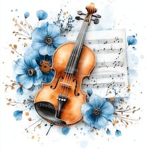 15 violines con partituras musicales, imágenes prediseñadas, violín floral, violín vintage, acuarela imprimible, archivos JPG de alta calidad, manualidades de papel, diario basura