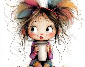 Quirky Coffee Girls Watercolor Clipart: Junk Journal Art (Digital Download)