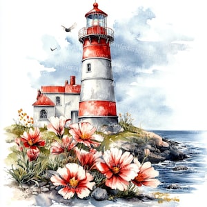 18 Floral Leuchtturm Clipart, Frühling Landschaft Illustration, druckbare Aquarell, hochwertige JPGs, Papercraft,Junk Journal, Digital Craft