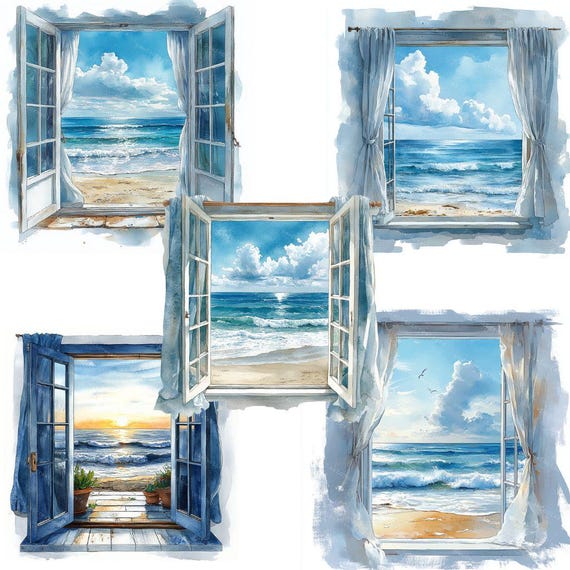 海辺の景色の水彩画プリント：海の窓のクリップアート（デジタル