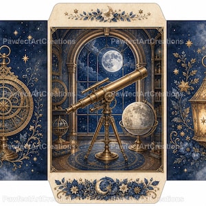 Può includere: Un modello di busta spiegato con uno sfondo celeste blu profondo e dettagli dorati. Il pannello centrale mostra un telescopio in ottone, un globo lunare e una luna piena attraverso un arco. I pannelli laterali mostrano un astrolabio e lanterna.