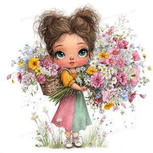 May include: A digital illustration of a young girl with brown hair in two buns, holding a large bouquet of colorful flowers and a basket of flowers. She wears a yellow top, a pink and green dress, and white boots. The background is white with some grass and flowers.