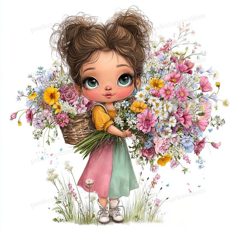 May include: A digital illustration of a young girl with brown hair in two buns, holding a large bouquet of colorful flowers and a basket of flowers. She wears a yellow top, a pink and green dress, and white boots. The background is white with some grass and flowers.