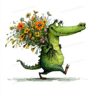 Könnte beinhalten: Eine skurrile Illustration eines grünen Alligators, der geht und einen großen Strauß bunter Blumen trägt. Die Blumen umfassen orange, gelbe und violette Blüten. Das Alligator lächelt und scheint auf einer hellgrauen Oberfläche zu gehen.