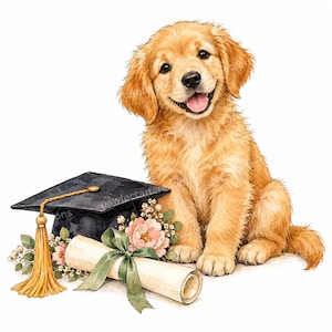 May include: A golden retriever puppy sits next to a black graduation cap with a gold tassel. A rolled diploma tied with a green ribbon and decorated with pink flowers rests in front of the cap. The puppy has light brown fur and a happy expression.