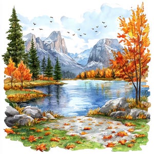 Autumn Mountain Watercolor Clipart: Fall Landscape Art (Digital Download, JPGs, Commercial Use License