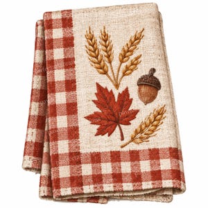 May include: A folded rectangular fabric napkin featuring a beige textured background with a red and white gingham border. The design includes a central illustration of three stalks of golden wheat, a single red maple leaf, and one brown acorn.