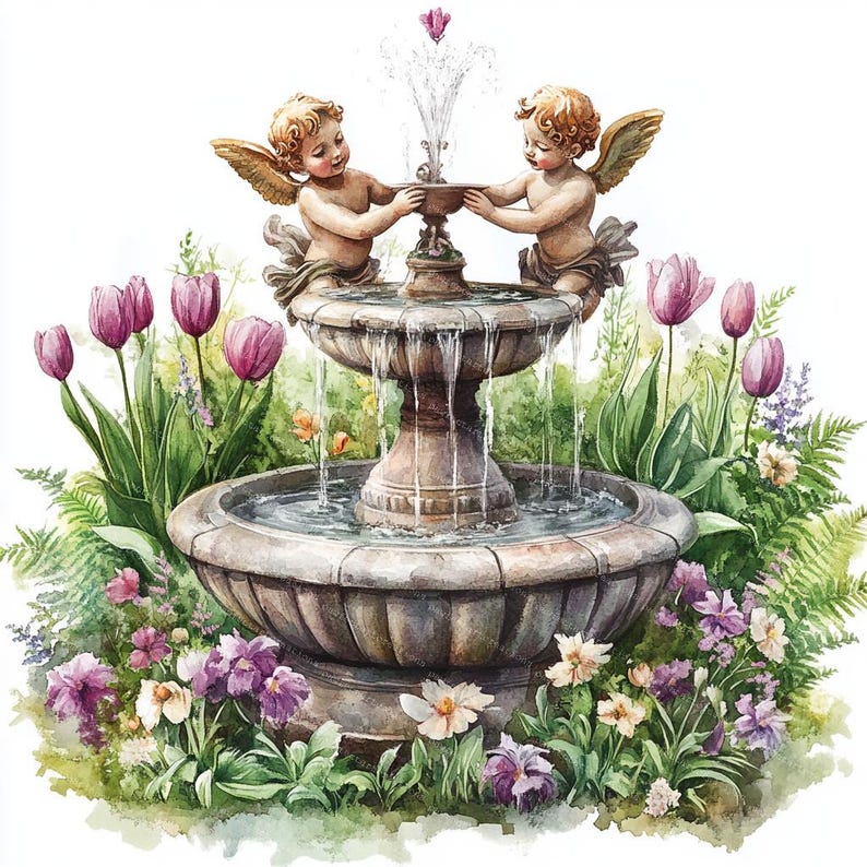 12 Garden Fountains Clipart, Floral Fountain, Floral Garden, Printable Watercolor, High-Quality JPGs, Papercraft, Junk Journal,Digital Craft
