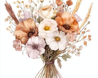 20 Boho Flower Bouquet Clipart: Watercolor Floral Art (Digital Download)