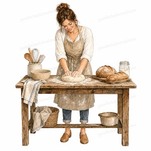 May include: A digital illustration of a baker wearing a white shirt and beige apron, kneading dough on a rustic wooden table. The scene includes a bowl, kitchen utensils, a basket with a cloth, two loaves of bread, and a glass jar of flour.