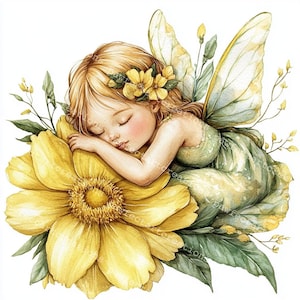 May include: Watercolor illustration of a sleeping fairy with blonde hair adorned with yellow flowers. The fairy is resting on a large yellow flower, with green leaves and delicate wings. The artwork has a soft, whimsical feel.