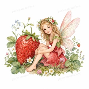 20 Strawberry Fairy Garden Clipart, Strawberry Fairy Garden Watercolor JPGs, Digital Download, Commercial Use