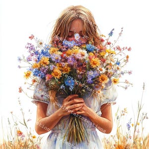 10 Menina com buquê de flores Clipart, Buquê de flores silvestres, Aquarela para impressão, JPGs de alta qualidade, Papercraft, Diário de lixo, Artesanato digital