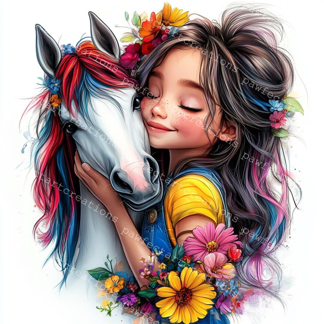 花柄の馬のクリップアート：風変わりな女の子の水彩画（JPG） - Etsy 日本