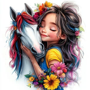 10 imágenes prediseñadas de niña con caballo floral, imágenes prediseñadas de caballo, linda niña, acuarela imprimible, archivos JPG de alta calidad, manualidades de papel, diario basura