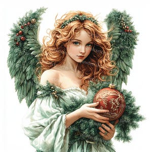 Könnte beinhalten: Ein Weihnachtsengel mit langen roten Haaren und grünen Flügeln hält einen roten und goldenen Weihnachtsbaumschmuck. Der Engel trägt ein weißes Kleid mit grünen Akzenten.