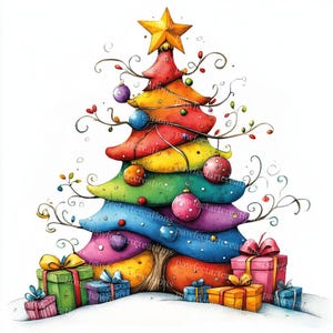 14 Clipart di alberi di Natale stravaganti, biglietti di Natale, acquerelli stampabili, JPG di alta qualità, diario di carta, artigianato digitale