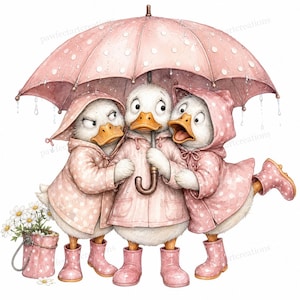 20 Rainy Day Umbrella Ducks Clipart, Cute Duck Art Watercolor JPGs, Digital Download, Commercial Use