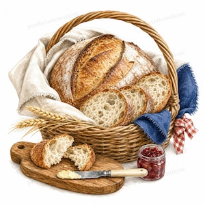 May include: A watercolor illustration of a rustic bread basket filled with a loaf of bread and sliced pieces. A wooden cutting board holds bread, butter, and a knife. A jar of jam and wheat stalks complete the scene.