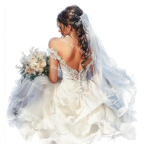 22 Wedding Bide Clipart Set: Bride, Bouquet, Gown - Watercolor