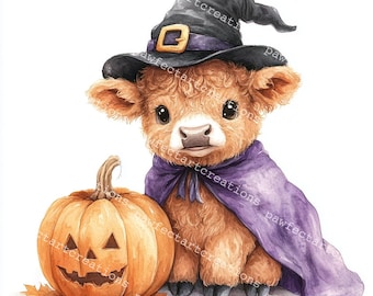 Halloween Highland Cow Clipart: Watercolor Style JPGs (Digital Download)