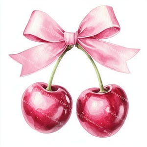 May include: Two red cherries with green stems tied together with a pink satin bow.
