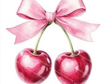 Clipart noeud de cerise : aquarelle ruban rose coquette (téléchargement numérique)