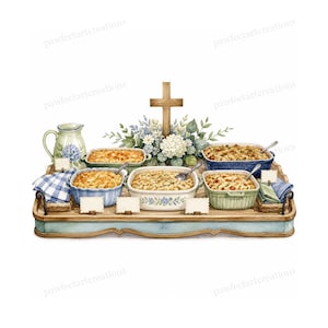 May include: A wooden serving tray holds four rectangular ceramic baking dishes filled with food, each with a metal spoon. A central wooden cross stands behind a floral arrangement. A ceramic pitcher and blue and white napkins are also included.