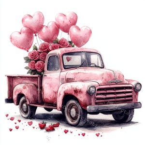 14 Valentine&#39;s Day Truck Clipart, Pink Vintage Truck, Valentine Printable Watercolor,High-Quality JPGs,Papercraft,Junk Journal,Digital Craft