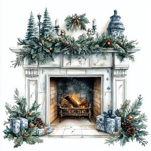 10 clipart de lareira de Natal, cartão de Natal, aquarela para impressão, JPGs de alta qualidade, artesanato em papel, diário de sucata