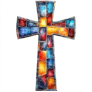 May include: A colorful cross design with a stained glass effect. The cross is composed of various rectangular shapes in shades of red, blue, yellow, and orange. The design has a watercolor appearance and is set against a white background.