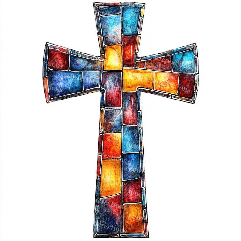 May include: A colorful cross design with a stained glass effect. The cross is composed of various rectangular shapes in shades of red, blue, yellow, and orange. The design has a watercolor appearance and is set against a white background.