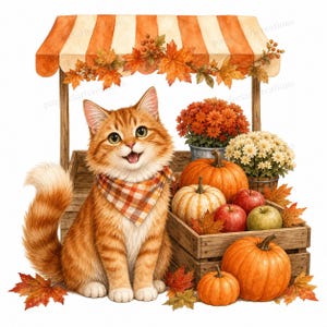 Puede incluir: Un gato atigrado naranja con un pañuelo a cuadros está sentado frente a un puesto de mercado de madera. El puesto está decorado con hojas de otoño y contiene calabazas, manzanas y macetas con flores naranjas y blancas, rodeado de hojas.