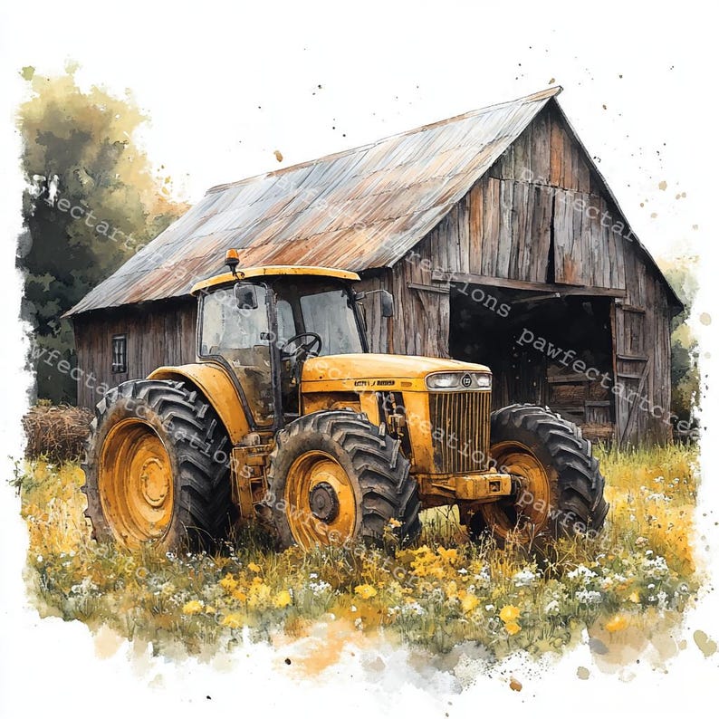12 Farm yellow Tractor Clipart, Old Tractor Clipart, Printable Watercolor, High-Quality JPGs, Papercraft, Junk Journal, Digital Craft