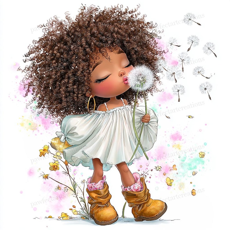 May include: A digital illustration of a young girl with brown curly hair blowing a dandelion. She wears a white dress, gold hoop earrings, and brown boots. Dandelion seeds float in the air, with watercolor splashes in the background.