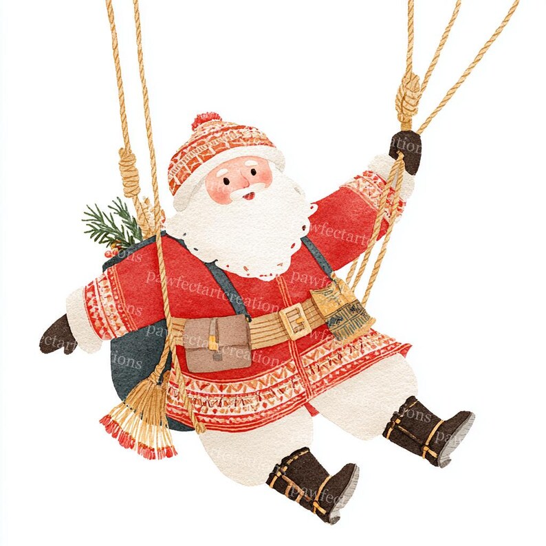 Santa Rope 16 Santa Climbing on Rope Clipart, Christmas Art,christmas Card ...