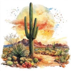12 Arid Desert Clipart, Krajobraz Pustynny, Zachód Słońca Pustyni, Wydrukowalna Akwarela, Wysokiej Jakości JPG, Papercraft, Junk Journal, Cyfrowe Rzemiosło