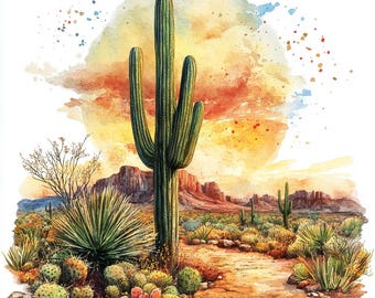 Desert Landscape Clipart: Arid Sunset Watercolor (Digital Download)