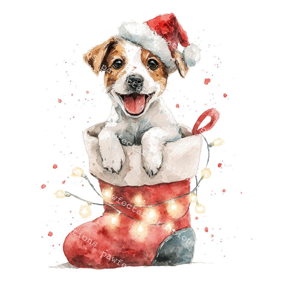 18種類のかわいいクリスマス犬のイラスト（ストッキングに入った犬