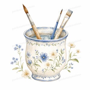 May include: Watercolor illustration of a ceramic brush holder with three paintbrushes. The holder is white with blue floral patterns and a blue rim. Delicate blue and white flowers surround the holder.