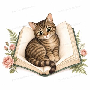 20 Cottagecore Reading Cats Clipart