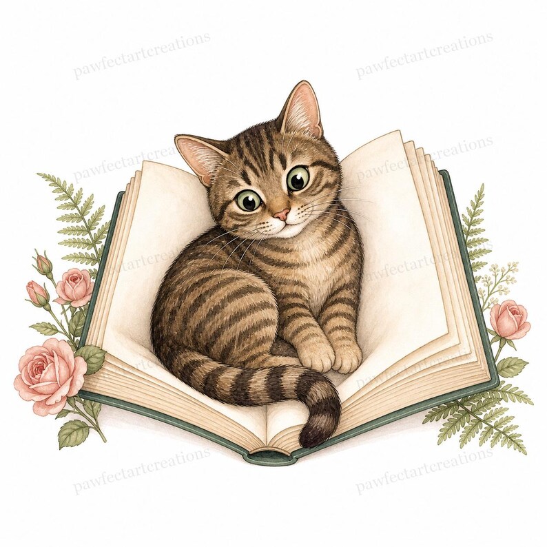 20 Cottagecore Reading Cats Clipart