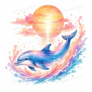 25 Sunset Dolphin Clipart, Cute Ocean Watercolor Art, Tropical Sea Life ...